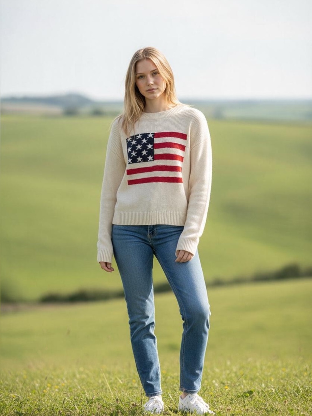 Zenana Women’s Crewneck Flag-Intarsia Sweater in Cream